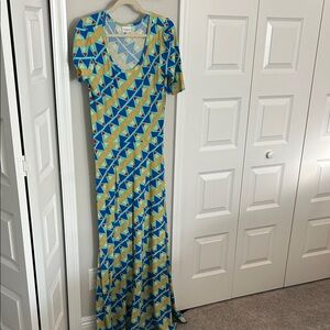 LuLaRoe Blue and Yellow Geometric Maxi Dress